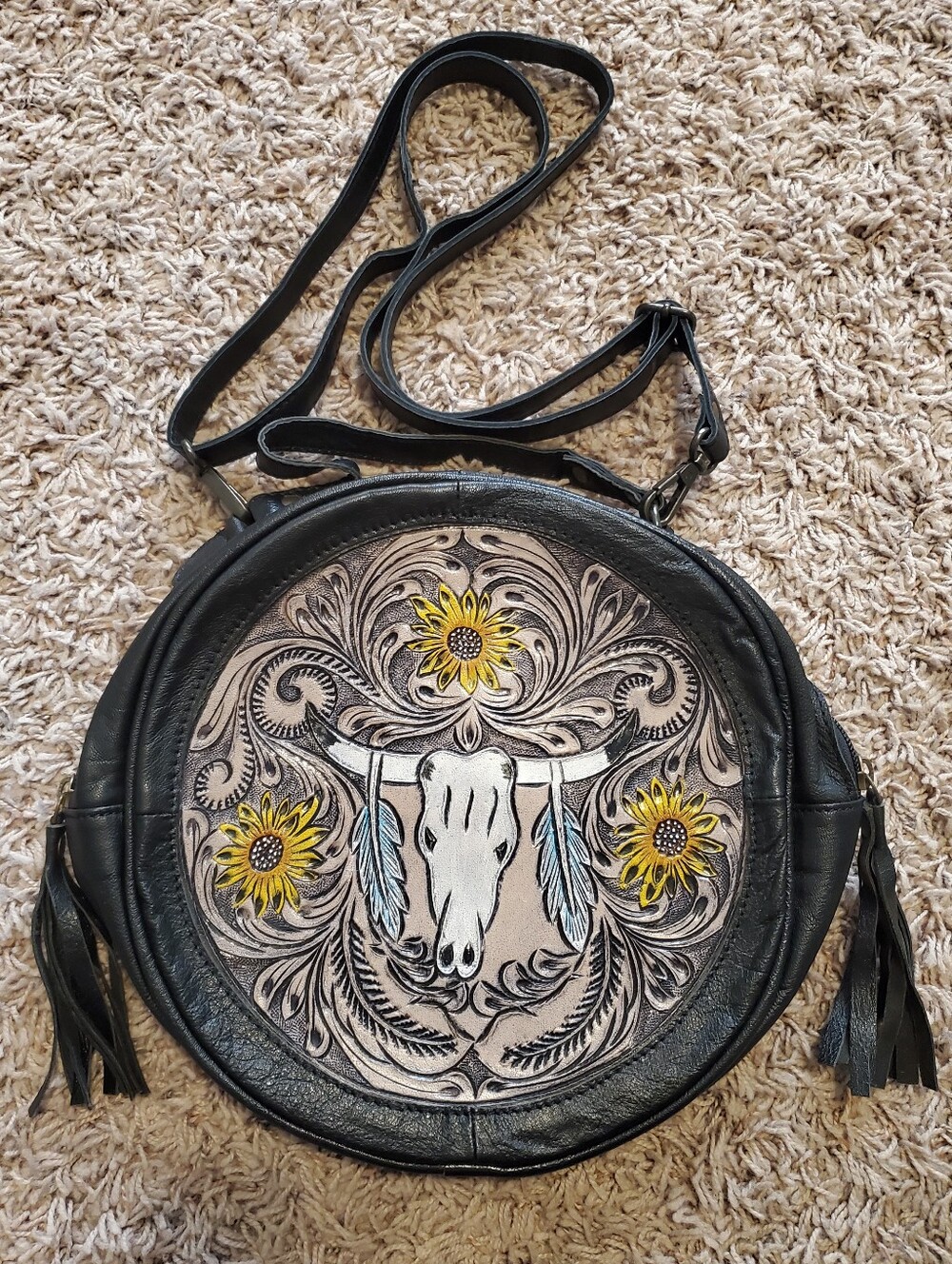 Black Hand tooled Leather Western Cow Skull Sunflower Canteen Crossbody Bag